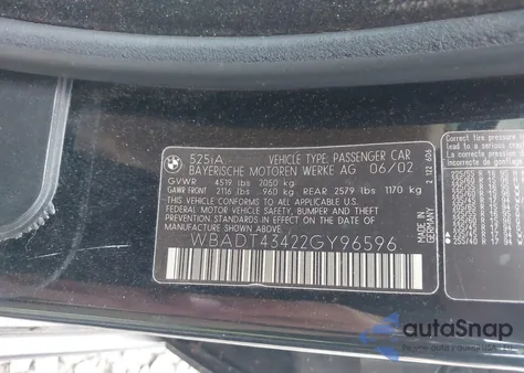 2002 BMW 525Ia из США, поврежденный, VIN WBADT43422GY96596